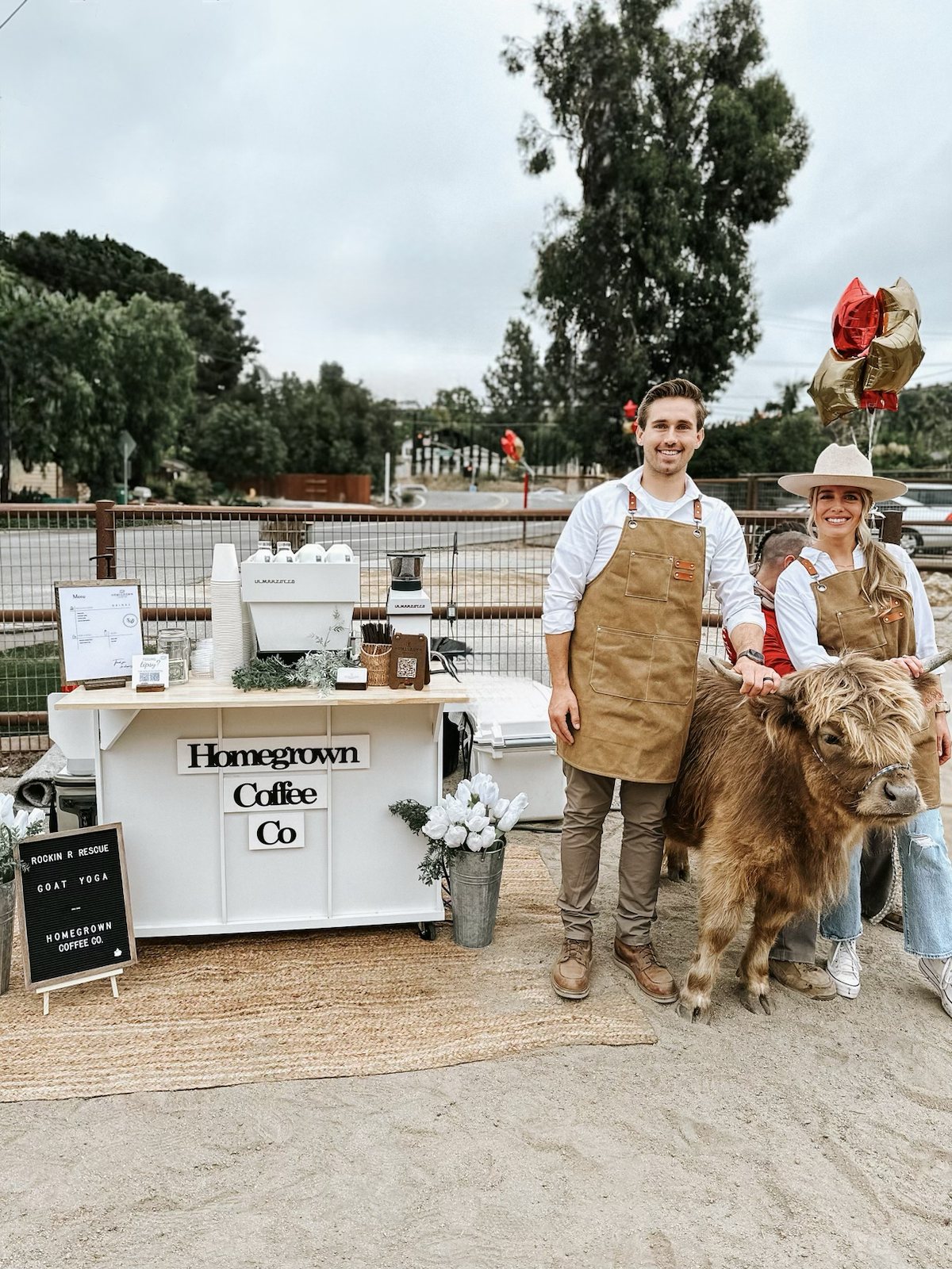 Homegrown coffee cart and baristas at a goat yoga fundraiser