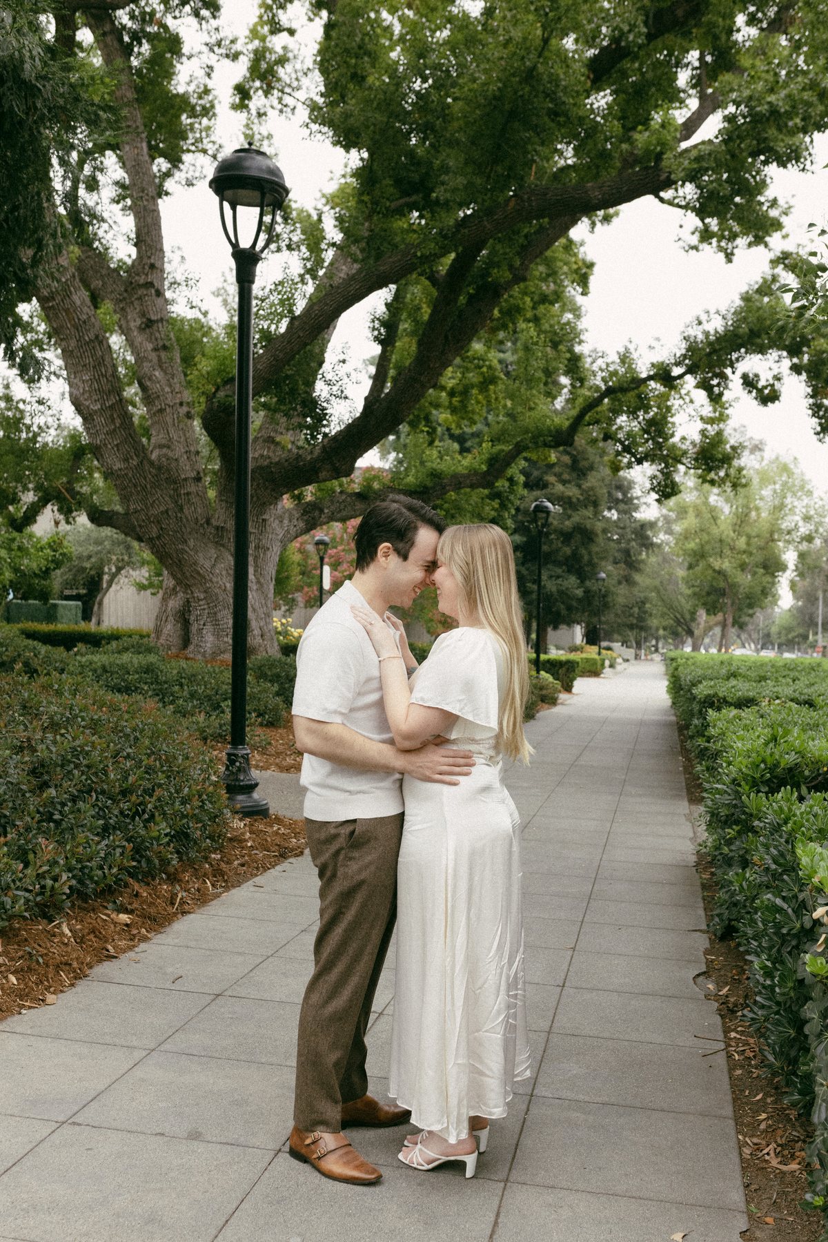 Couple embracing beneath mature trees on a garden path